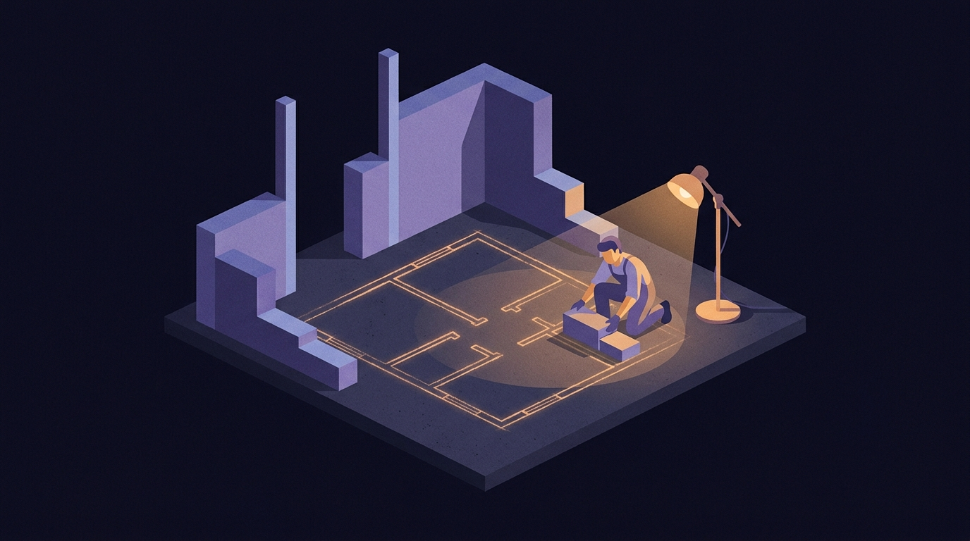 An isometric concrete slab with a floor plan drawn across it in glowing lines. A worker under a standing lamp sets the first block down exactly on one of the drawn lines, while the walls of a storey above already stand at the far edge of the slab.