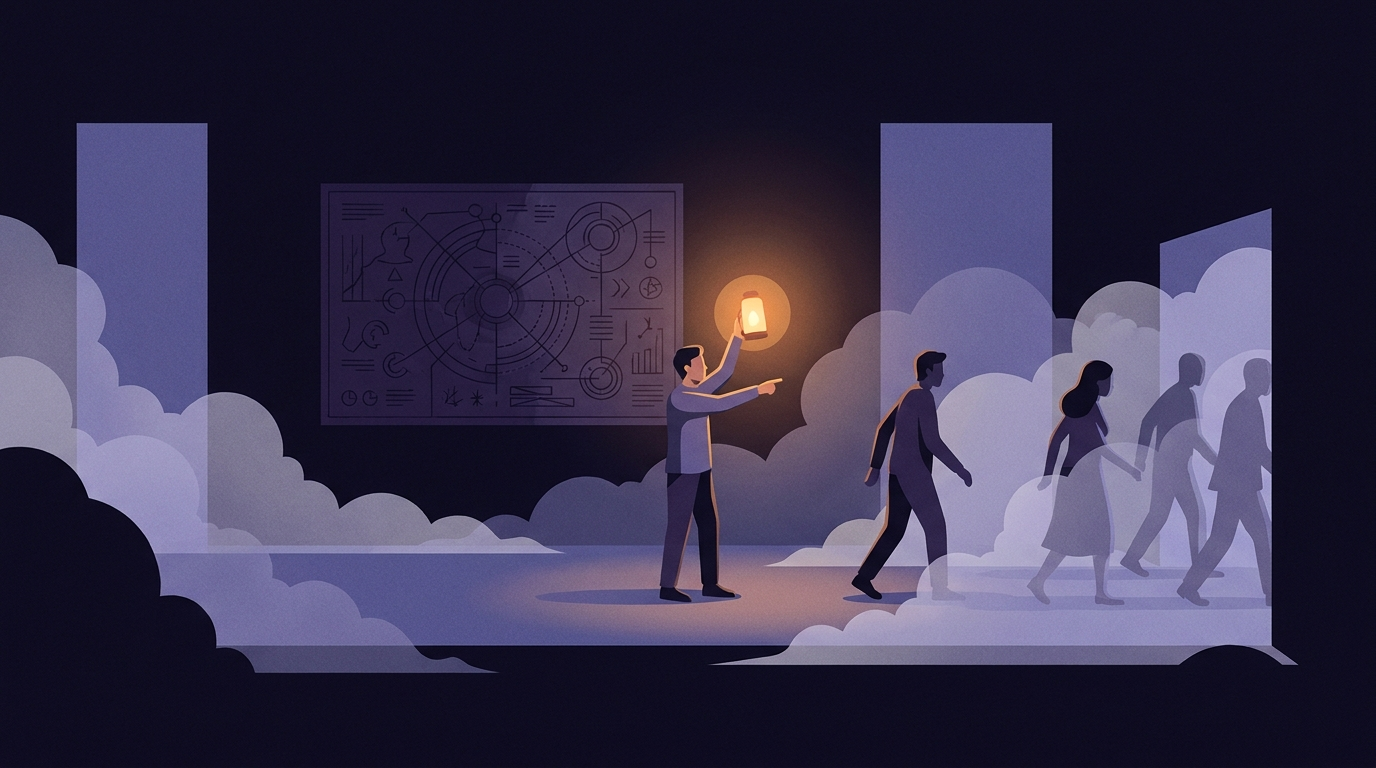 A corridor filling with pale smoke. One figure raises a bright lamp and points the way while others move toward the exit. A large intricate diagram hangs on the wall behind them in shadow, unread.