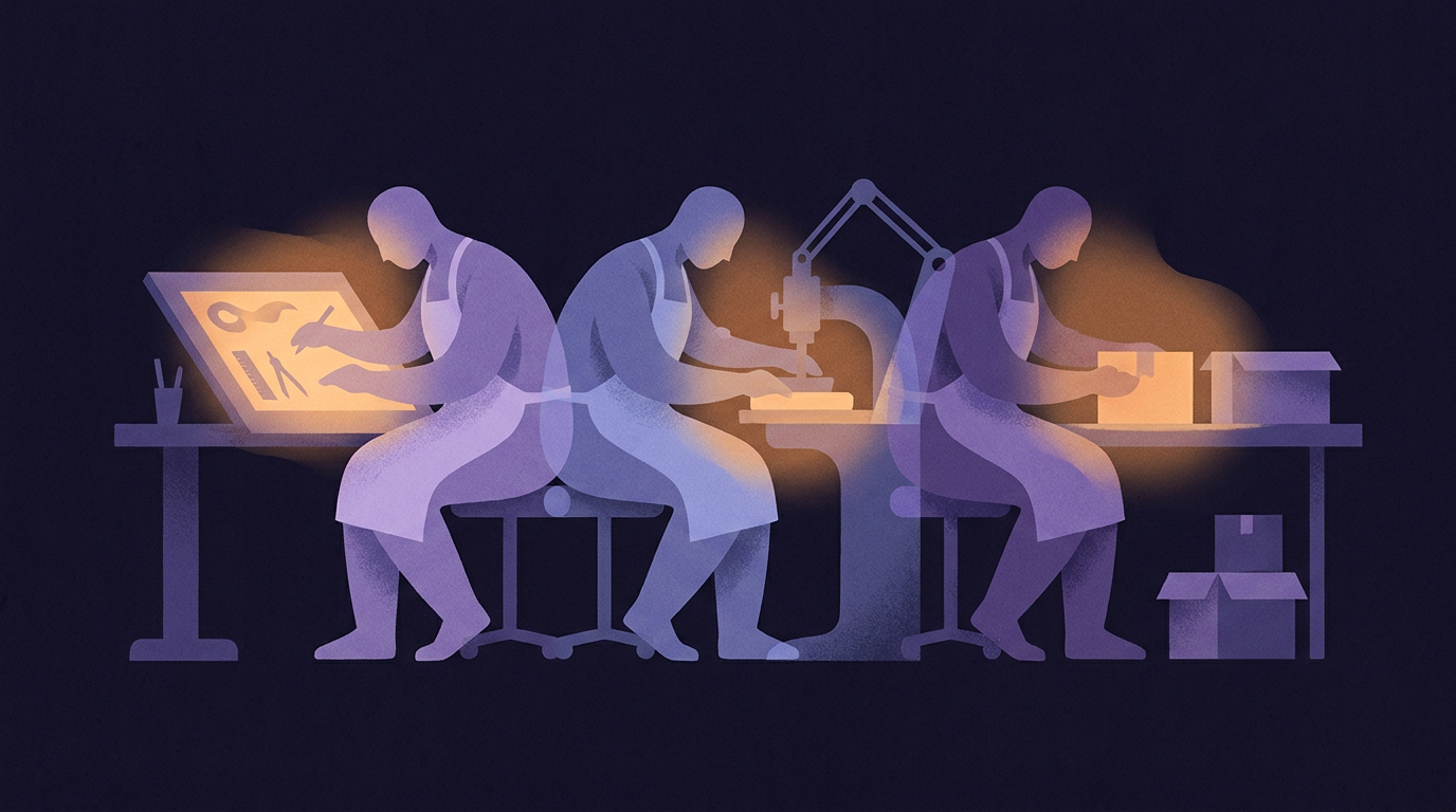 One long workbench with three stations, a drafting board, a press, and a packing bench, each occupied by a differently dressed worker in the same posture, all lit by the same warm lamps.