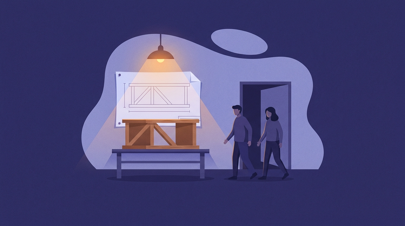 A workshop at the end of a shift. A drawn plan is pinned open on the wall under a warm lamp and the finished piece stands on the bench beneath it matching the plan. Two workers leave through the door without consulting anyone.