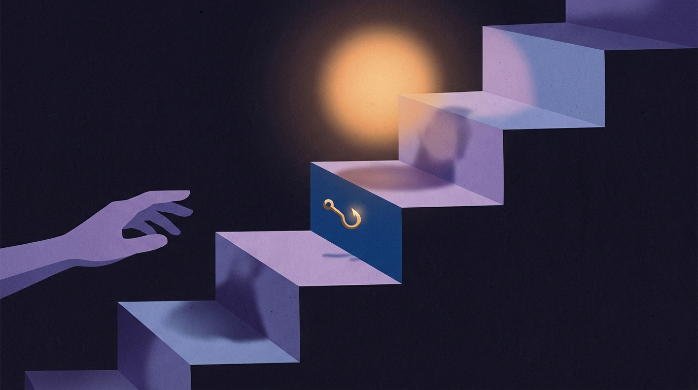 A staircase built from stacked sheets of paper. Between two of the steps there is only open air, and a small brass hook hangs in that gap gripping nothing while a hand reaches toward it.