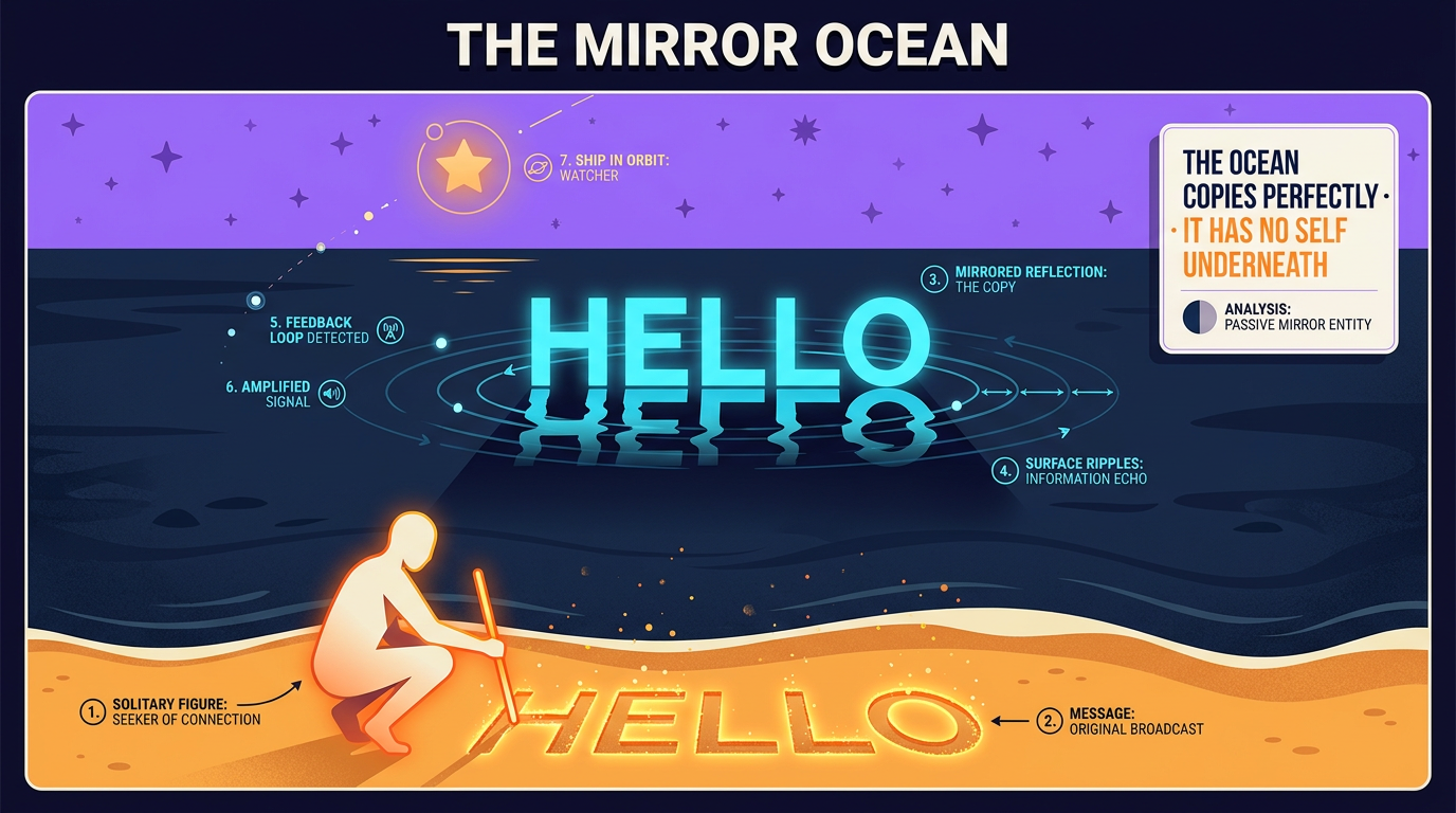 A solitary figure on a beach draws the word HELLO in the sand. The dark ocean returns a perfect mirrored copy. A small ship orbits in the sky above. The annotation names the mechanism: the ocean copies perfectly and has no self underneath.