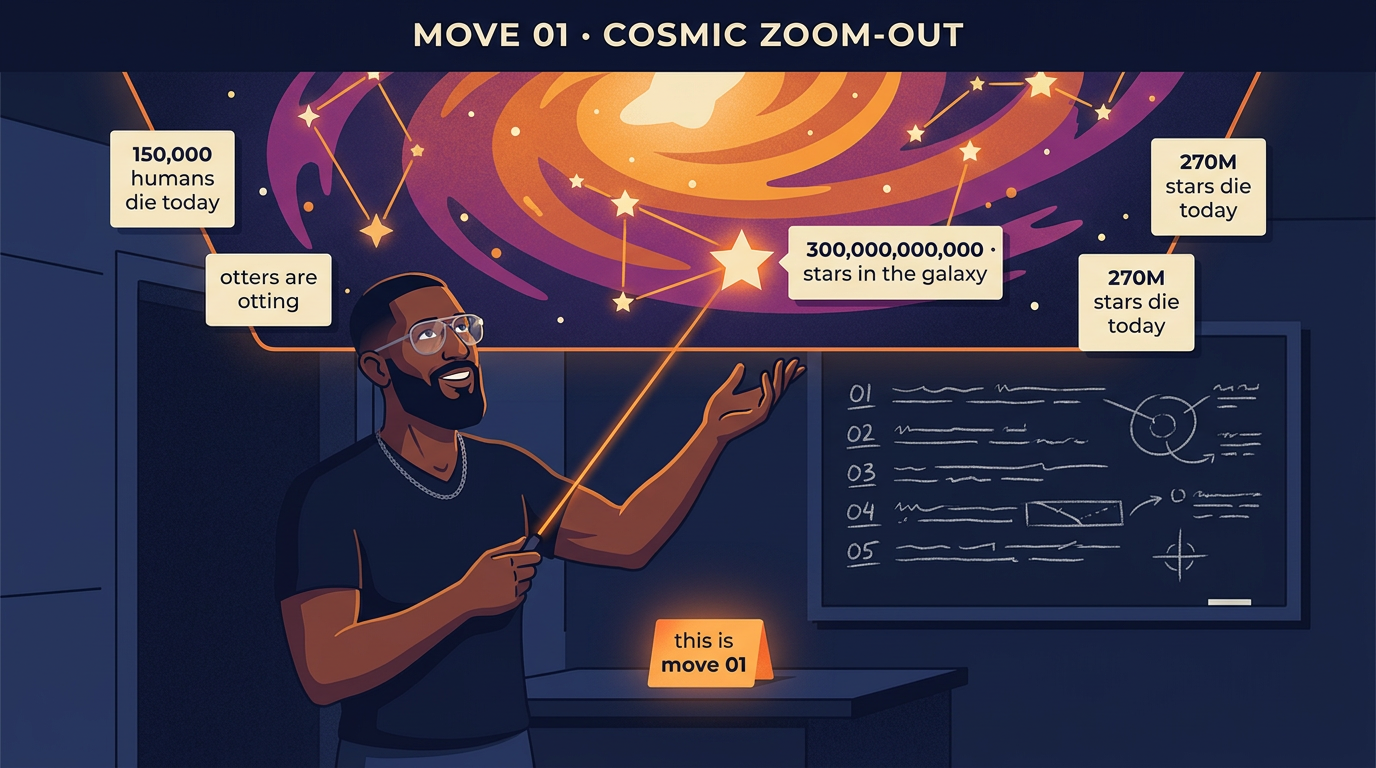 Andy stands in a small studio looking up at a large star map annotated with cosmic facts: 300 billion stars in the galaxy, 150,000 humans die today, otters are otting, 270 million stars die today. He aims a laser pointer at the largest star. A chalkboard behind him holds the five-move sequence numbered 01 through 05, and a card reads: this is move 01.