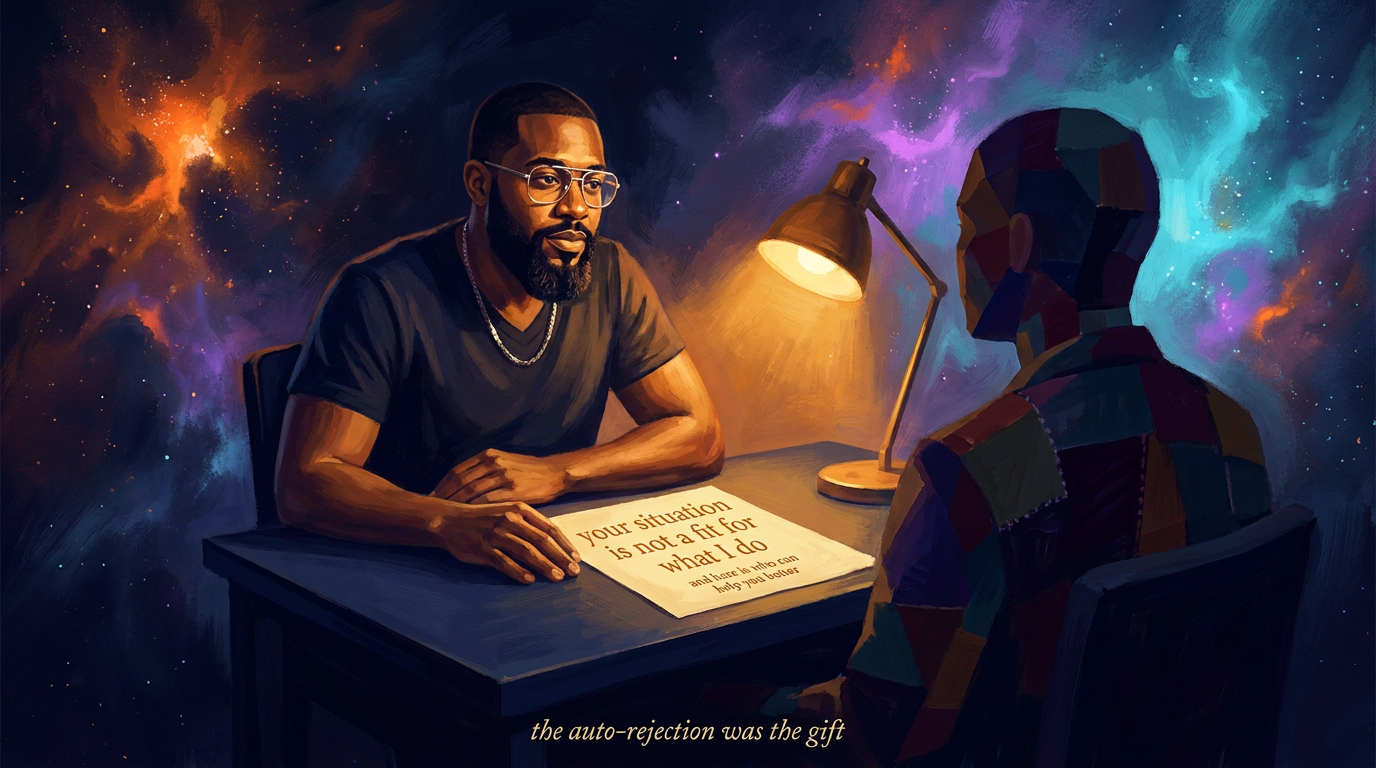 Andy sits at a desk in the pool of a single lamp, leaning slightly forward with both hands resting on the surface. Across from him a buyer sits in shadow. A document on the desk between them reads: your situation is not a fit for what I do, and here is who can help you better. The caption reads: the auto-rejection was the gift.