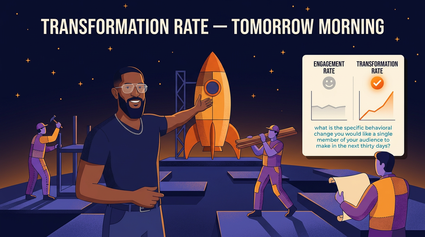 Andy stands at the edge of a launchpad town under construction at dusk, a partly built rocket pointing up behind him. Three strivers work on the town: one hammering, one carrying lumber, one consulting a scroll. Andy addresses them, gesturing at the rocket. A card on the right holds two columns, engagement rate running flat and transformation rate rising steeply, under the question: what is the specific behavioral change you would like a single member of your audience to make in the next 30 days?