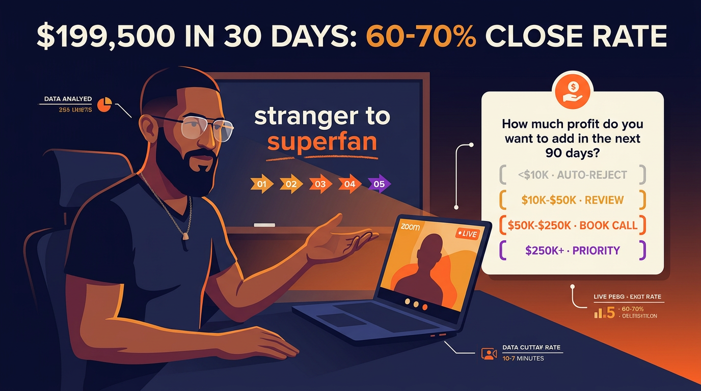 Andy sits at a desk gesturing toward a laptop showing a silhouette on a call. An application card beside it highlights one question: how much profit do you want to add in the next 90 days? The answer brackets route it: under $10K auto-reject, $10K to $50K review, $50K to $250K book call, $250K and up priority. A chalkboard behind him reads stranger to superfan across five numbered steps.