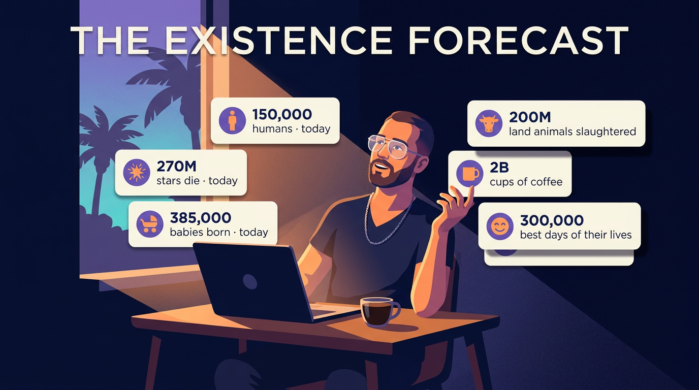 Andy at a small desk on a Sunday morning, leaning back from his laptop. Cards float around him carrying the existence forecast: 150,000 humans dying today, 270 million stars dying, 385,000 babies born, 200 million land animals slaughtered, two billion cups of coffee, 300,000 people having the best day of their lives.
