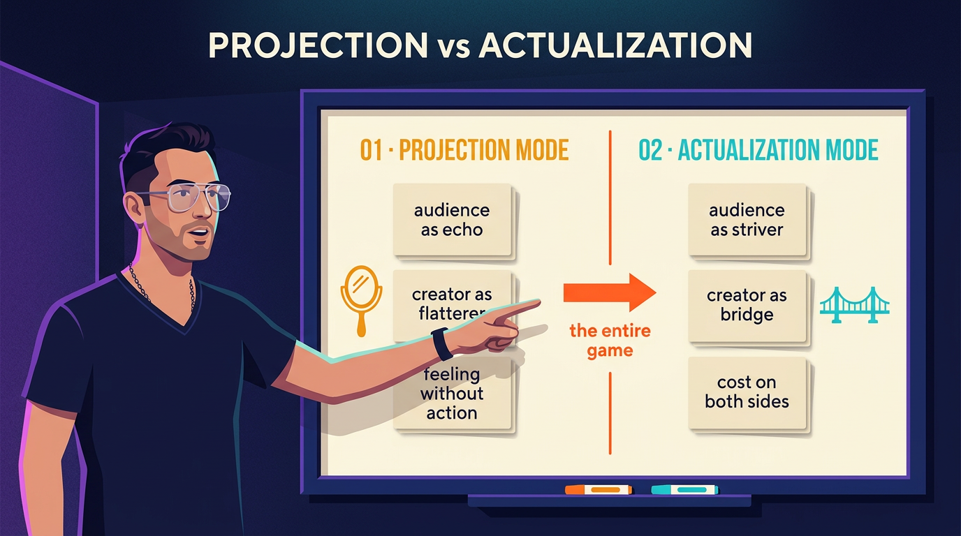 Andy points at the right column of a whiteboard split in two. Projection mode carries cards reading audience as echo, creator as flatterer, feeling without action. Actualization mode carries audience as striver, creator as bridge, cost on both sides. The arrow underneath reads: the entire game.