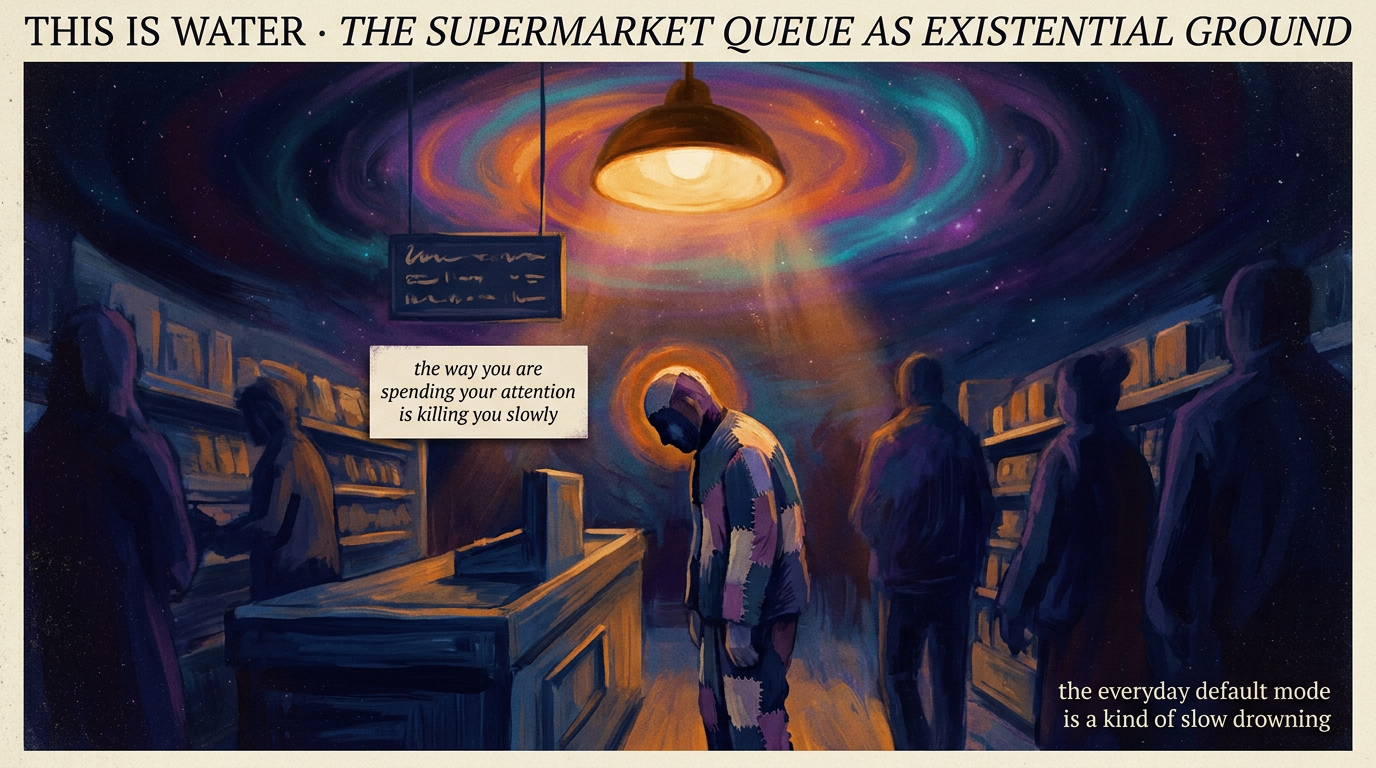 A solitary patchwork figure stands in a fluorescent supermarket queue at dusk holding a basket, the rest of the line blurred into shadow. A card beside the figure carries the Wallace line: the way you are spending your attention is killing you slowly.