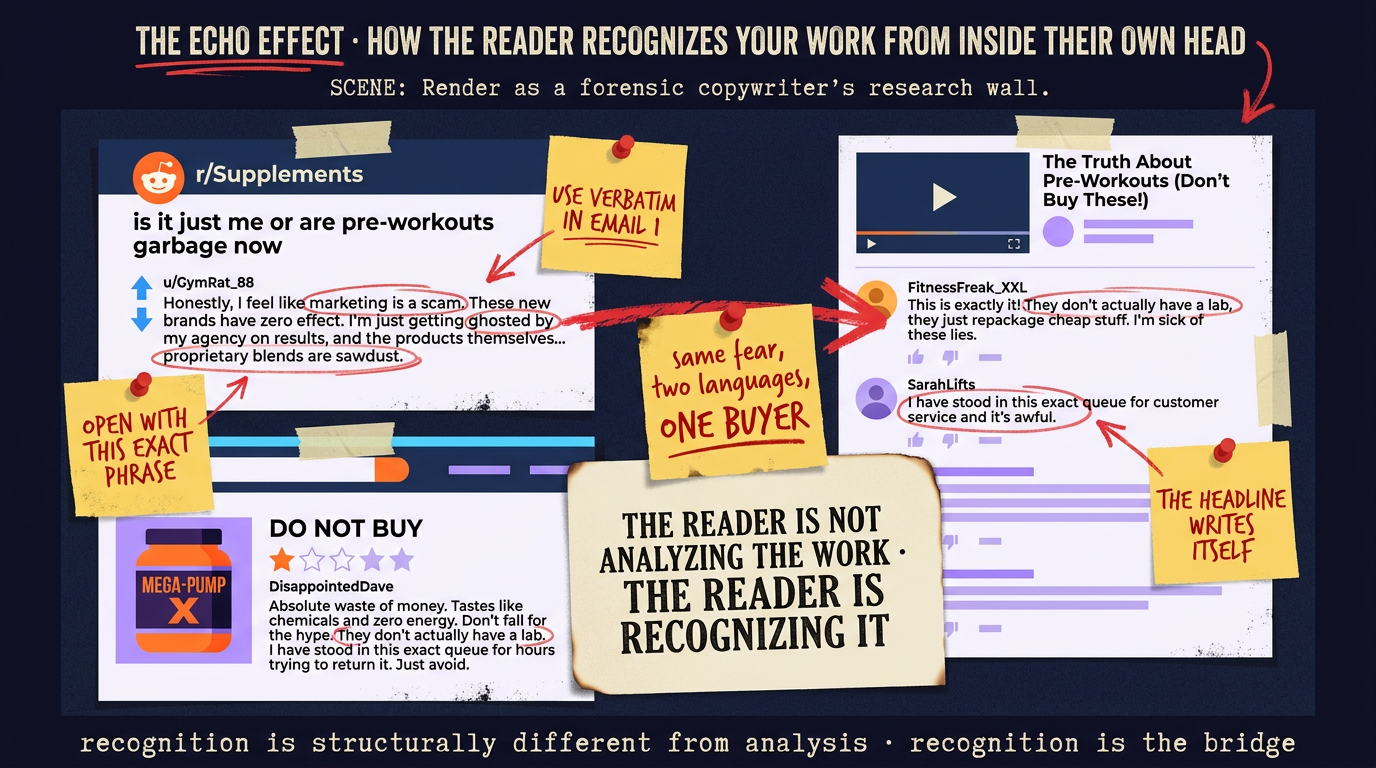 A researcher's wall holding three documents: a Reddit thread asking whether pre-workouts are garbage now, the comments under a competitor video, and a one-star Amazon review titled do not buy. Extracted phrases are circled in red: marketing is a scam, ghosted by my agency, proprietary blends are sawdust. Notes point at the circles reading use verbatim in email one, open with this exact phrase. The card at the center reads: the reader is recognizing the work rather than analyzing it.