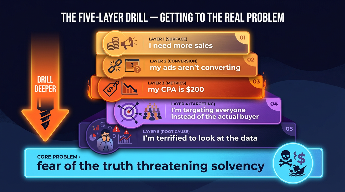 Five stacked cards descending from the presenting complaint to the core problem: I need more sales, my ads aren't converting, my CPA is $200, I'm targeting everyone instead of the actual buyer, I'm terrified to look at the data. The bottom card names the core problem as fear of a truth that threatens solvency, and an arrow down the side reads drill deeper.