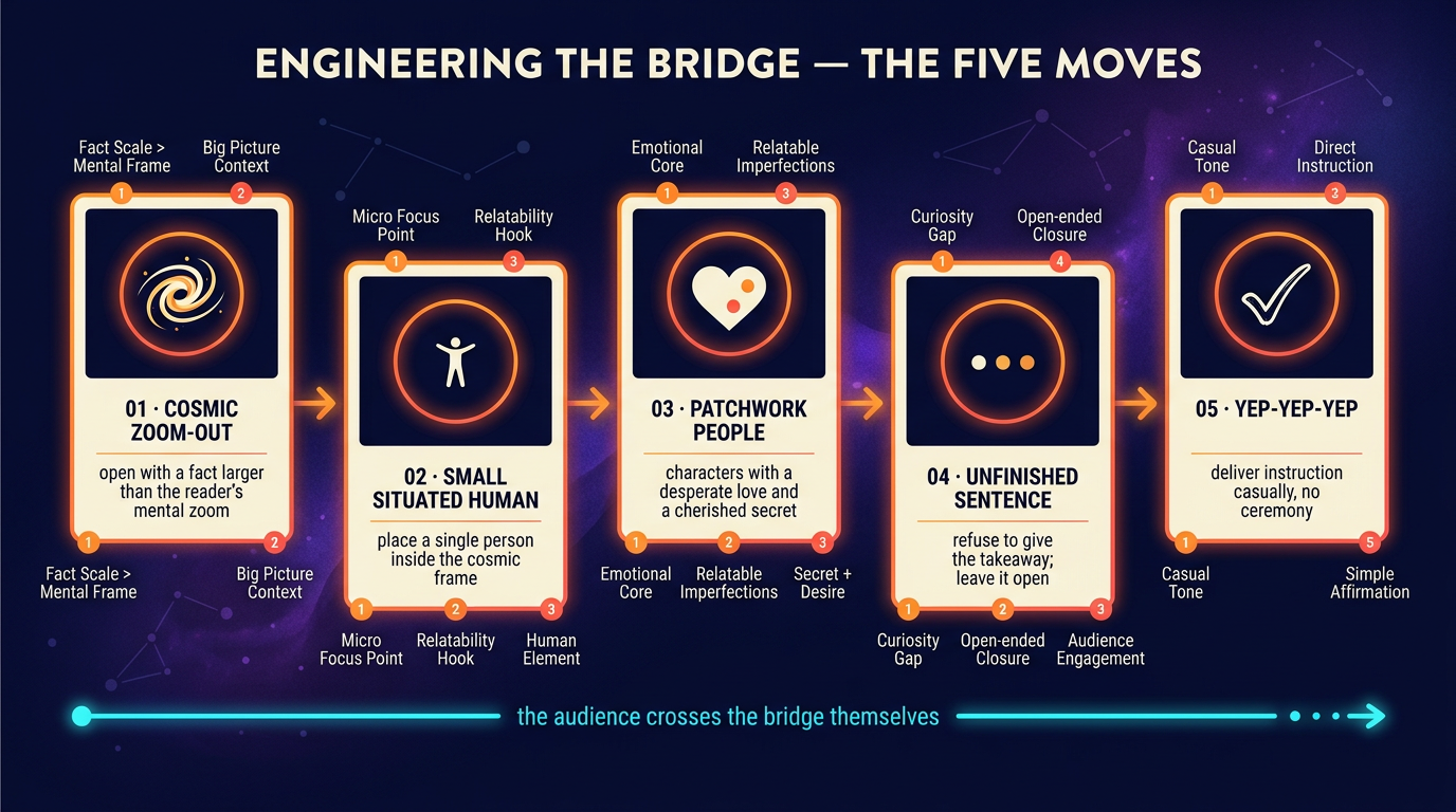 A five-stage diagram titled Engineering the Bridge. Left to right: 01 cosmic zoom-out, 02 small situated human, 03 patchwork people, 04 unfinished sentence, 05 yep-yep-yep. Arrows connect each stage, and the caption underneath reads: the audience crosses the bridge themselves.