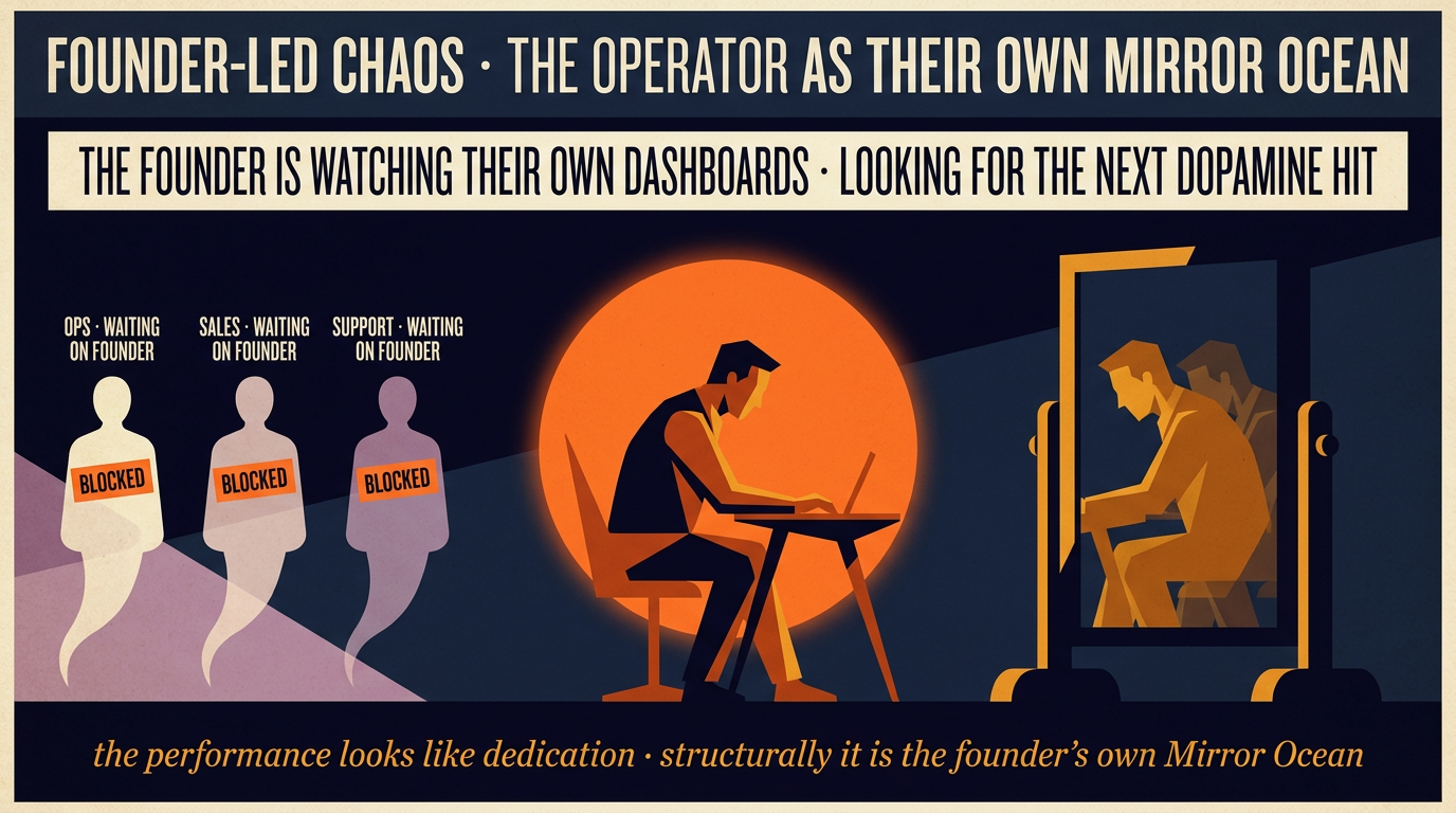 A founder sits hunched at a desk inside a circular spotlight. A tall mirror on one side reflects the same hunched pose back, slightly larger. On the other side, three small silhouettes labelled ops waiting on founder, sales waiting on founder and support waiting on founder each carry a blocked tag. The banner reads: the founder is watching their own dashboards, looking for the next dopamine hit.