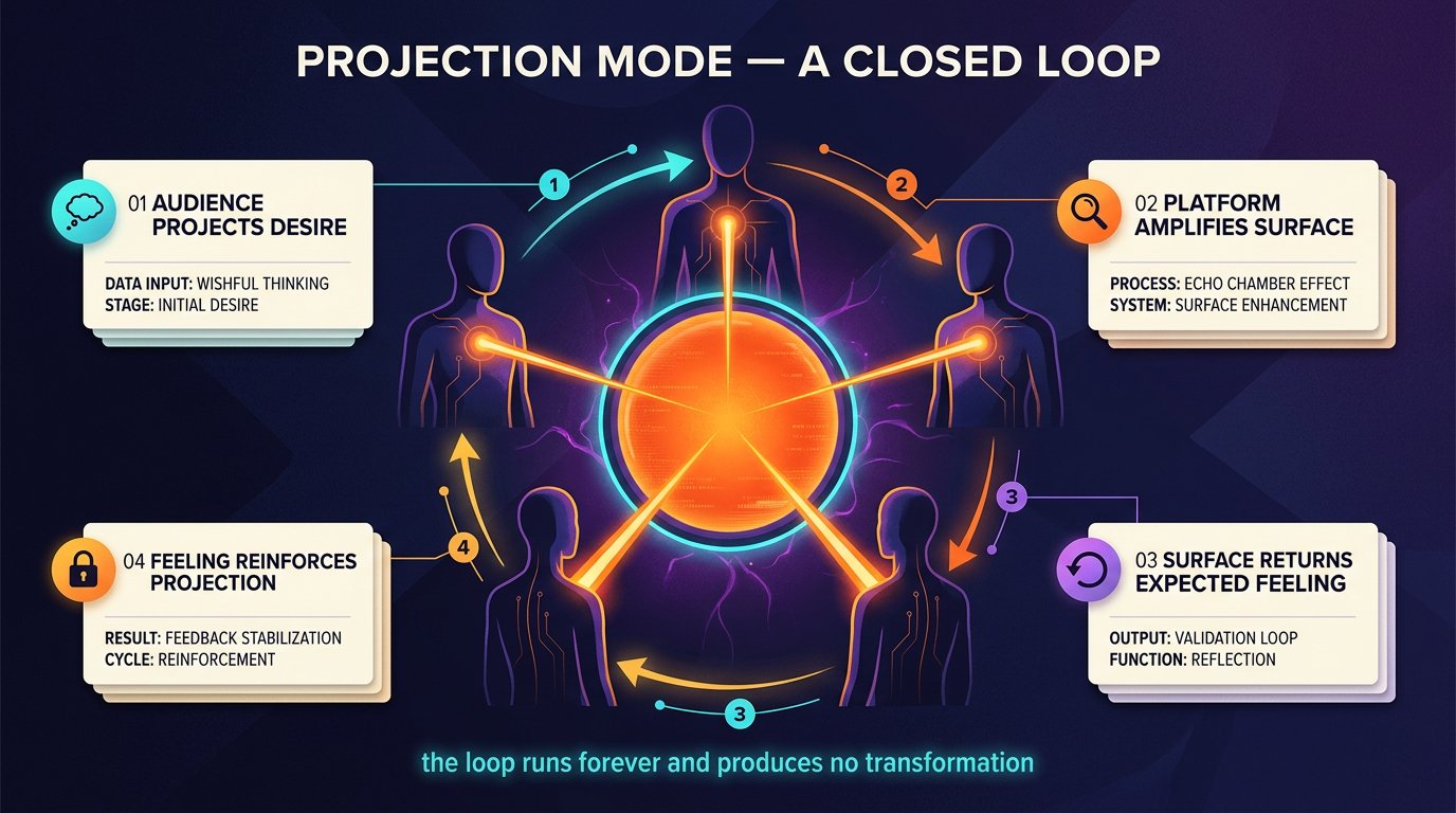 Five identical smooth silhouettes stand in a ring, each projecting a beam at a central screen that reflects it back thicker into their chest. Four numbered cards name the loop: audience projects desire, platform amplifies surface, surface returns the expected feeling, feeling reinforces the projection. The caption reads: the loop runs forever and produces no transformation.