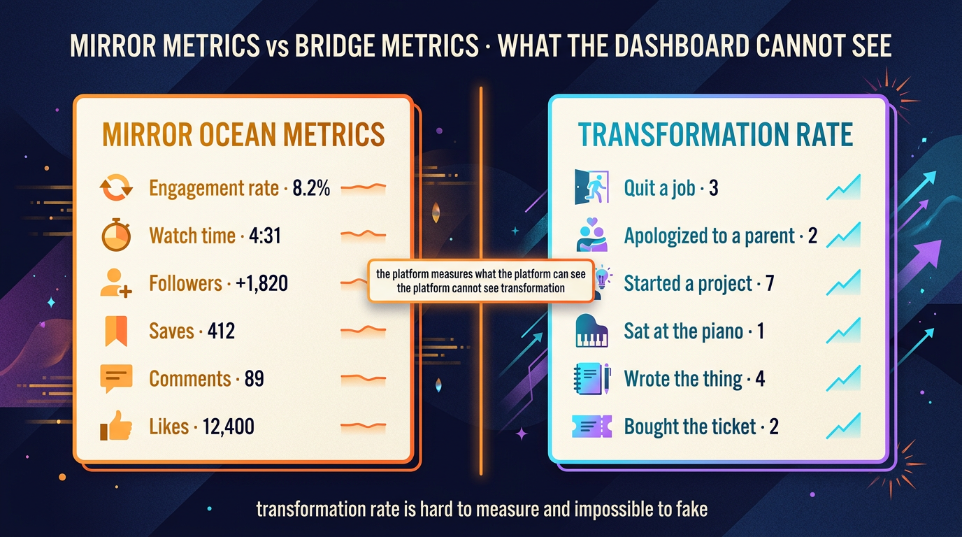 Two dashboard cards side by side. Mirror ocean metrics lists engagement rate, watch time, followers, saves, comments and likes, every one of them flat. Transformation rate lists quit a job, apologized to a parent, started a project, sat at the piano, wrote the thing, bought the ticket, every one of them rising steeply. The banner between them reads: the platform measures what the platform can see, and the platform cannot see transformation.