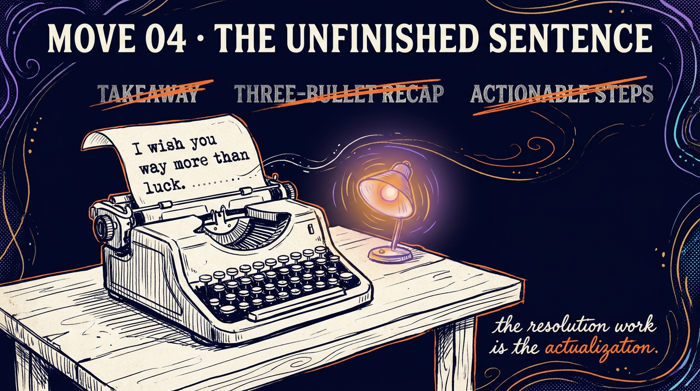 An open typewriter on a small desk under one reading lamp. The page rolled into it reads I wish you, way more than, luck, with a fourth line trailing into an ellipsis. Three alternatives float above it crossed out: takeaway, three-bullet recap, actionable steps. A handwritten note reads: the resolution work is the actualization.