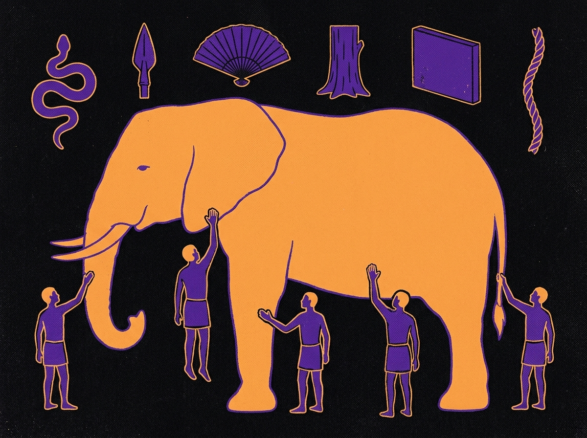 One large elephant in profile as a single flat silhouette. Six smaller figures stand around it, each touching a different part. Along the top sits a row of six separate shapes: a snake, a spear, a fan, a tree trunk, a flat slab and a rope.