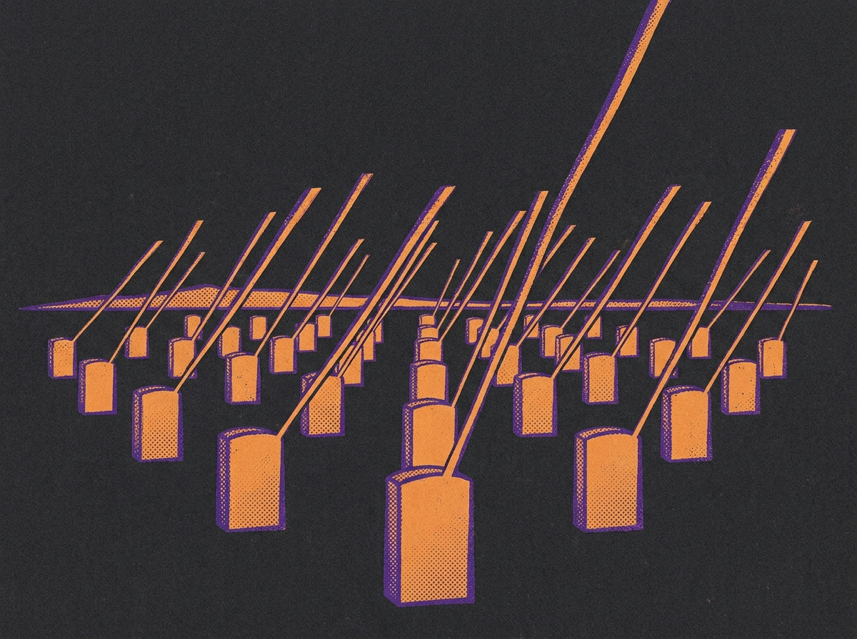 A field of upright markers in rows, each with a thin line climbing from its base and stopping abruptly at a different height. One line at the front is still climbing and runs off the top of the frame.
