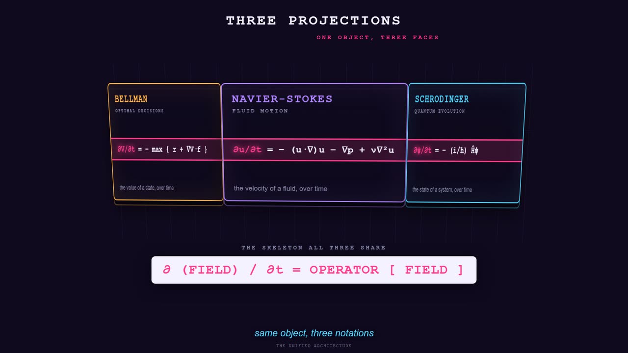 Still from the hero animation. Bellman, Navier-Stokes and Schrodinger sit as three panels, each with its own equation and its own plain reading: the value of a state over time, the velocity of a fluid over time, the state of a system over time. Beneath them one line names the skeleton all three share, a field's rate of change in time equalling an operator acting on that field.