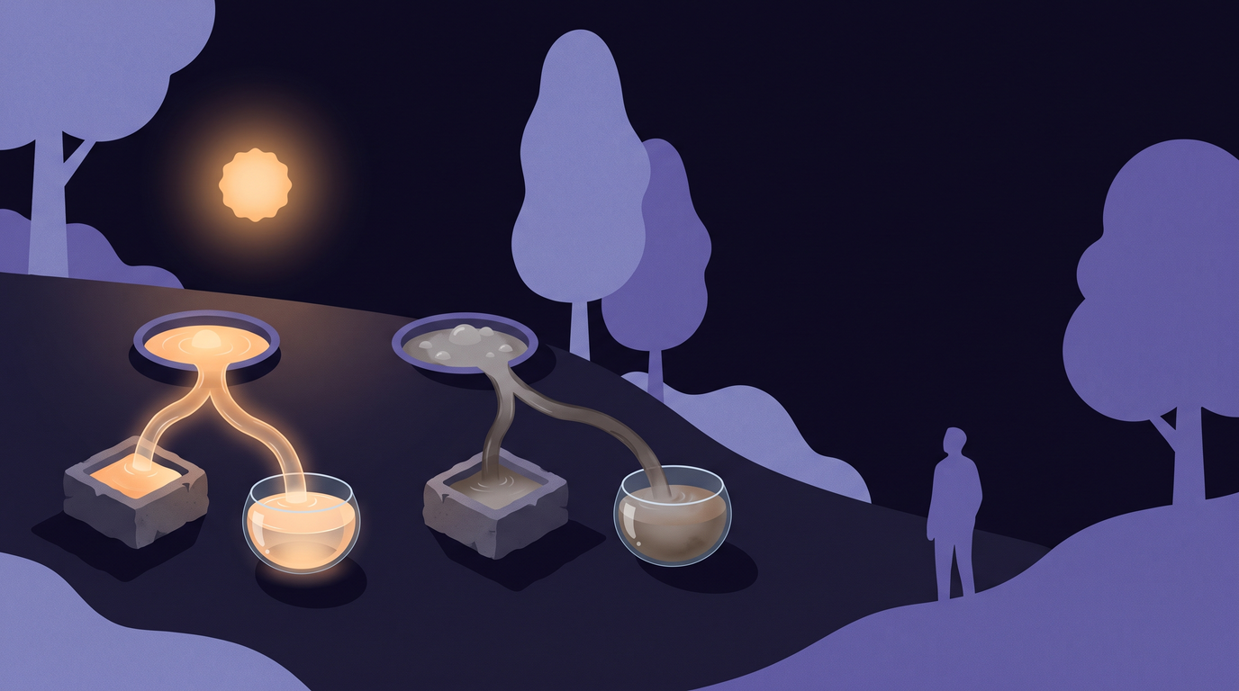 Two springs on a hillside each split into two channels feeding a square stone trough and a round glass bowl. The left spring runs clear and fills both its vessels with bright water. The right spring runs muddy, and both its vessels turn murky.