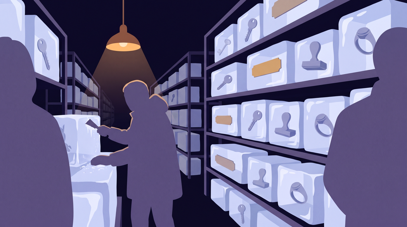 A long cold-storage warehouse with shelves of ice blocks, each holding a small frozen object such as a key, a blank nameplate or a rubber stamp. A worker in a heavy coat scrapes frost off one block under a single lamp, and the rows run on into darkness.