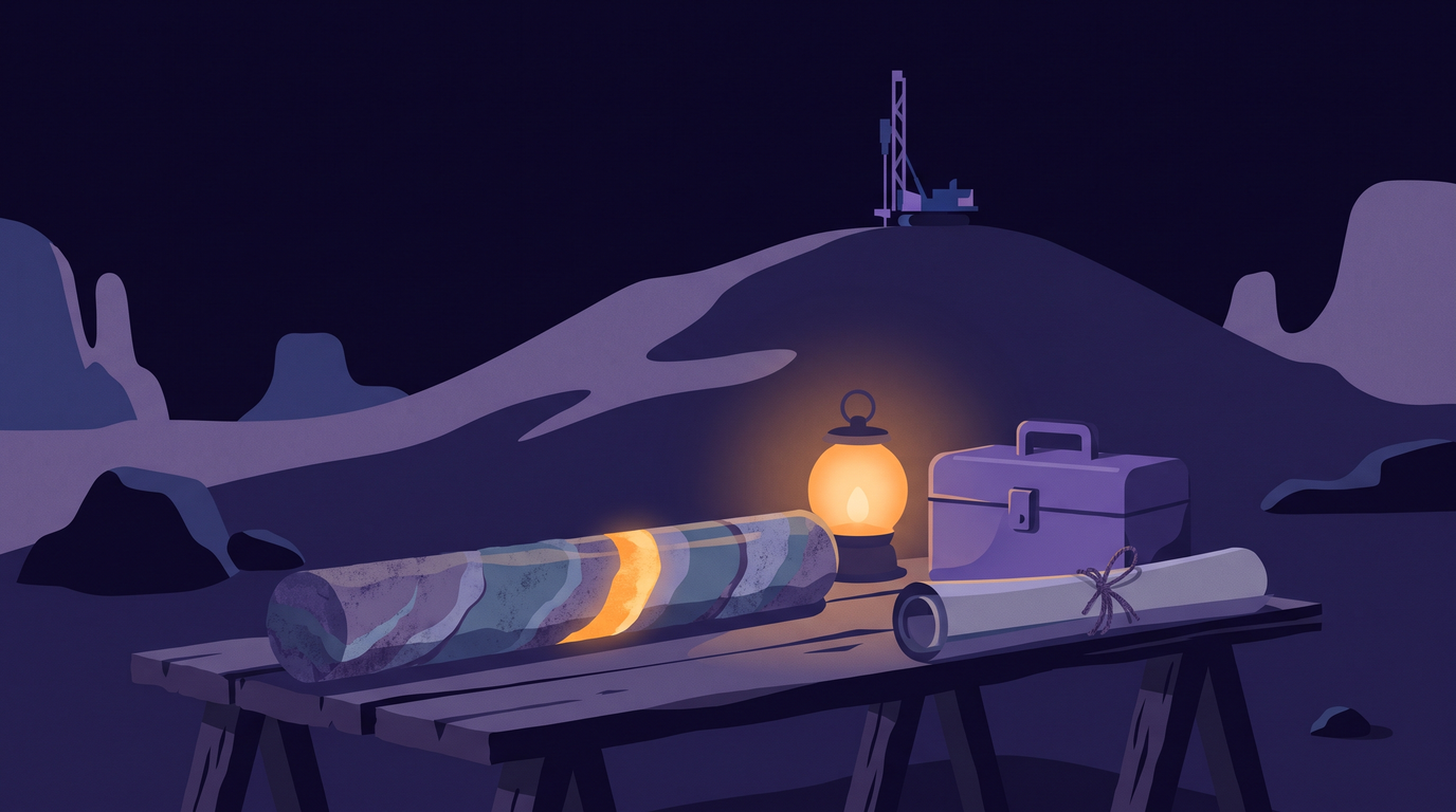 A long rock core sample lies on a trestle table with one bright amber band running through its layers. Behind it rises the untouched hill it came from, topped by a slim drill rig. A closed toolbox and a tied, rolled-up plan wait unopened.