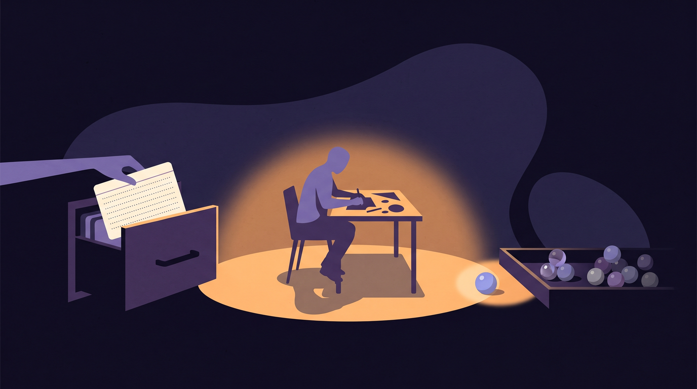 A person works at a desk in warm light. On one side, an open filing drawer holds a card lifted out, its ruled boxes filled with neat marks. On the other, a tray of marbles sorted by color holds one marble among its closest look-alikes.