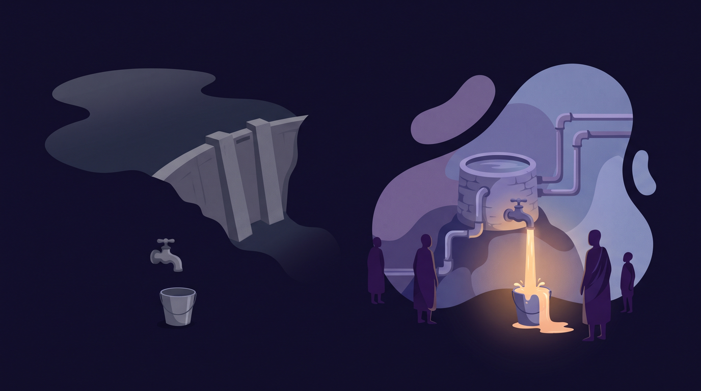 On the left, a huge lake sits behind a tall dam with no outlet, and a tap below it hangs dry over an empty bucket. On the right, a small stone cistern feeds several pipes, and its tap pours a steady stream into a full bucket.
