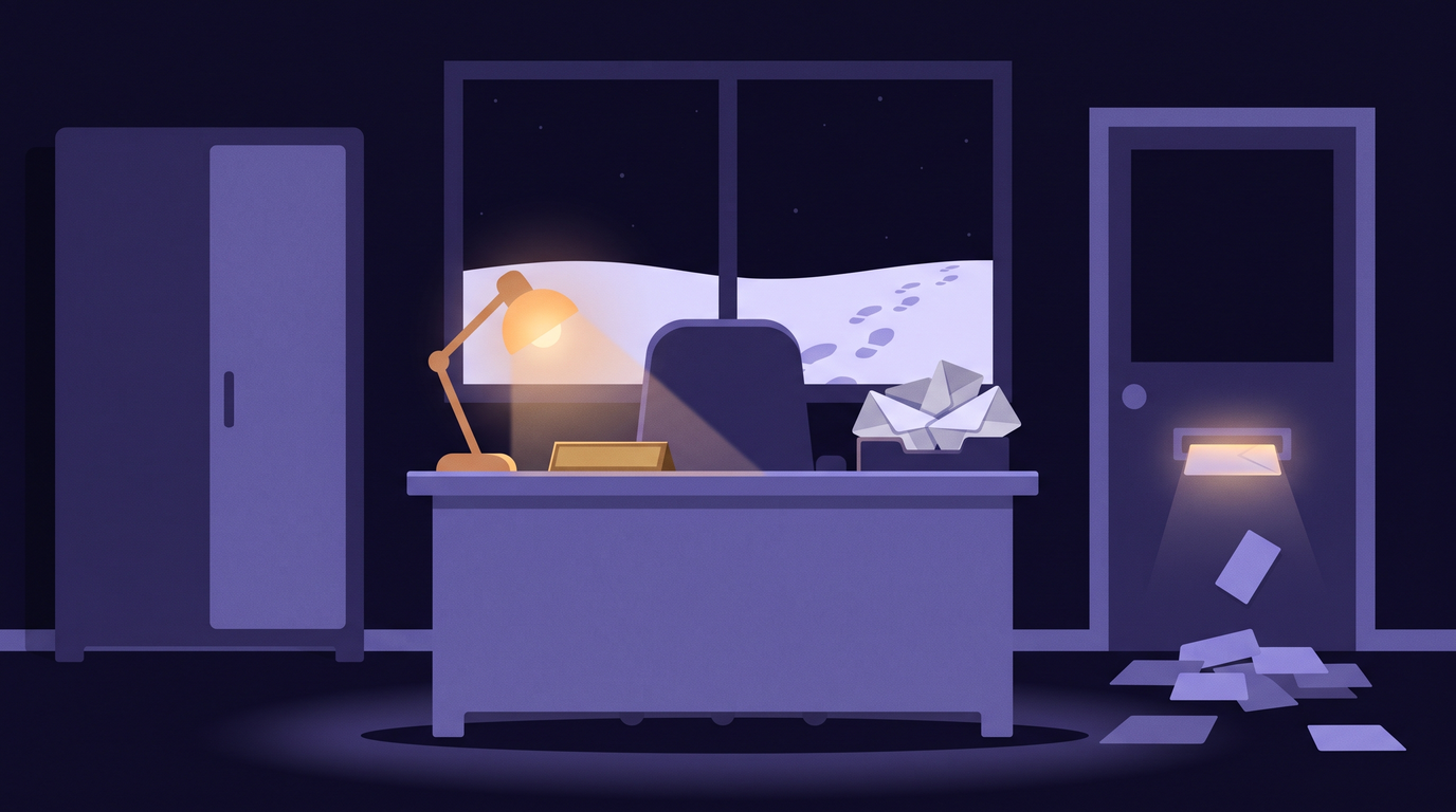An empty desk with a pushed-in, dusty chair and a blank brass nameplate sits under a lamp. Envelopes overflow its in-tray and keep coming through a mail slot. Outside the window, footprints in fresh snow lead away into the dark.