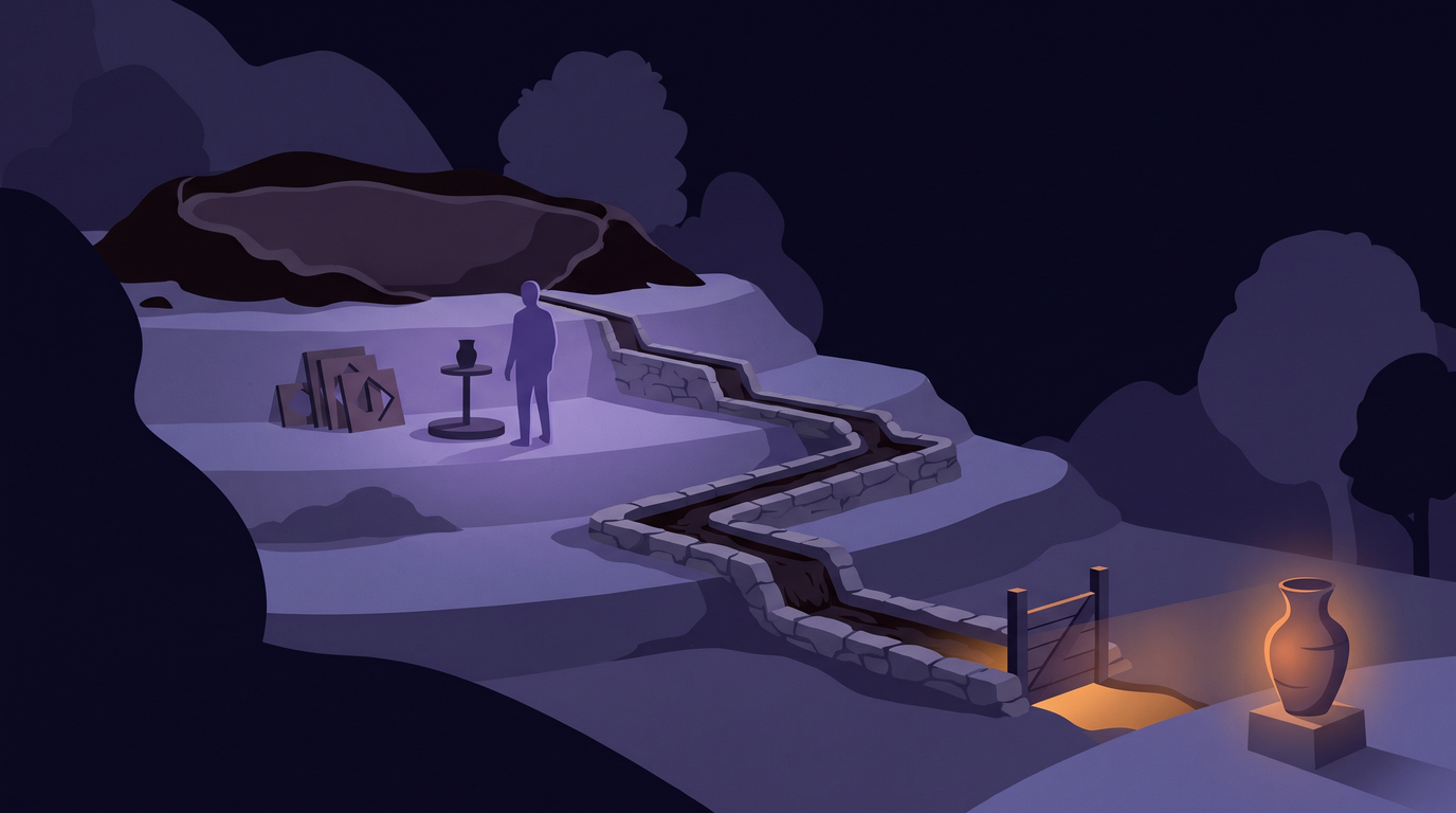 Lined stone channels run uphill from a finished vase on a plinth, past a potter's wheel and a stack of stencils, to a clay pit at the top. Every channel is joined and dry, and a closed gate holds back a faint glow at the vase.