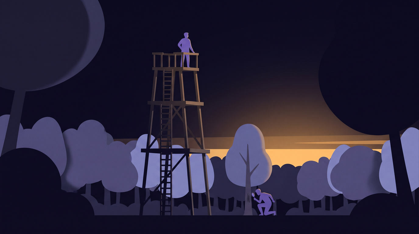 A wooden lookout tower rises out of a dark forest with three platforms joined by ladders to the ground. At the base, a person studies one tree's bark through a magnifying glass. On the top platform, another person looks out over the whole canopy.