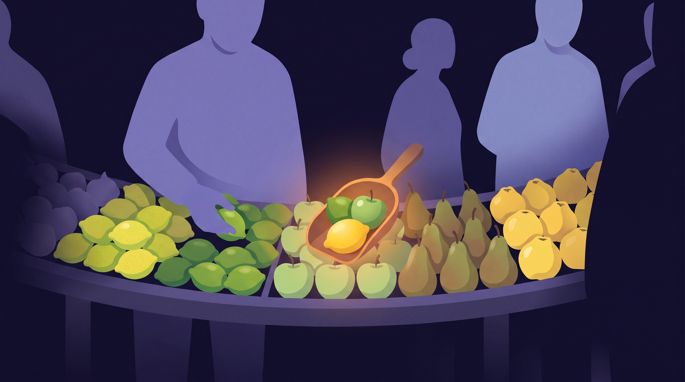 A long market table holds fruit arranged by resemblance: lemons, limes, green apples, pears, quinces. A hand sets down one lime, and a wooden scoop gathers what lies closest to it: limes, one lemon and one green apple.