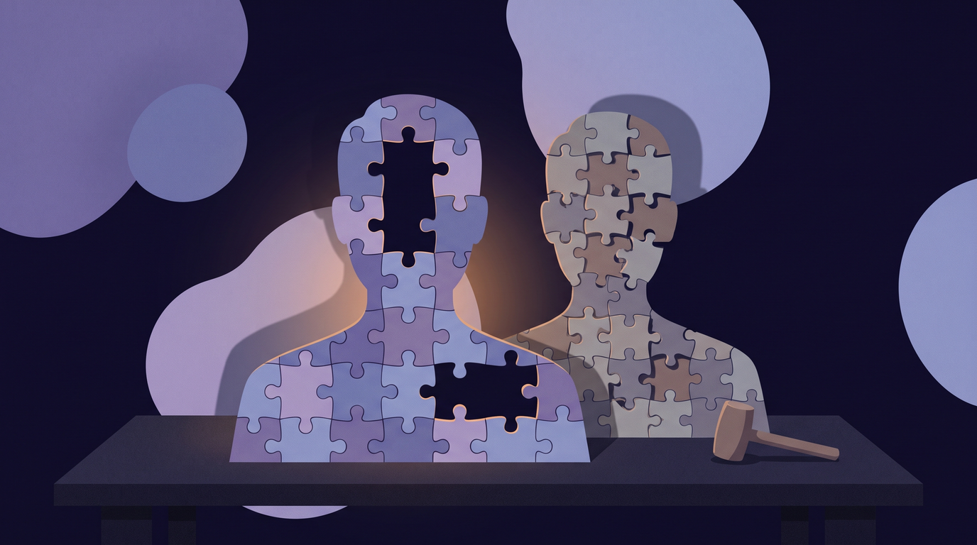 Two jigsaw puzzles of a person's silhouette lie on a table. The front one has several missing pieces, leaving clean, visible gaps. The rear one is complete, but its gaps were filled by forcing in pieces from other boxes, with a mallet lying beside it.