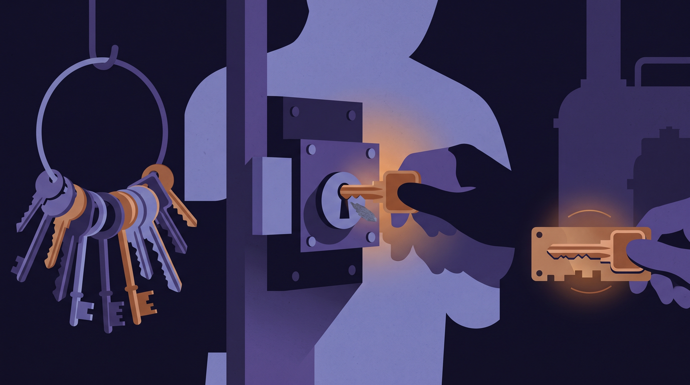 A hand pushes a brass key that matches a lock in every tooth but one, and it jams halfway. To the left hangs a ring of keys arranged by resemblance. To the right, another key is checked notch by notch against a brass template.
