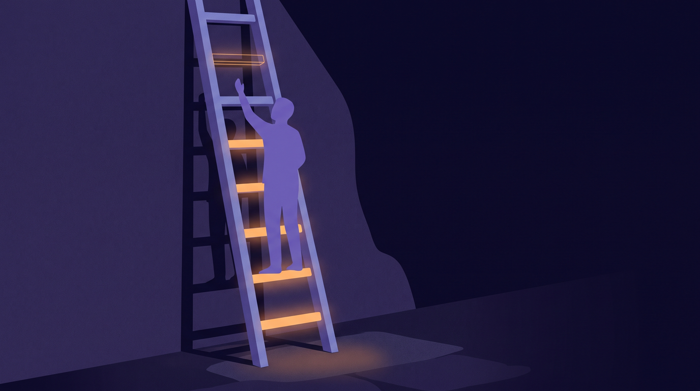 A wooden ladder leans against a dark wall. Its four lowest rungs are solid and lit, and a person stands on the fourth, reaching up. Above them, the fifth rung is only a faint outline of light.