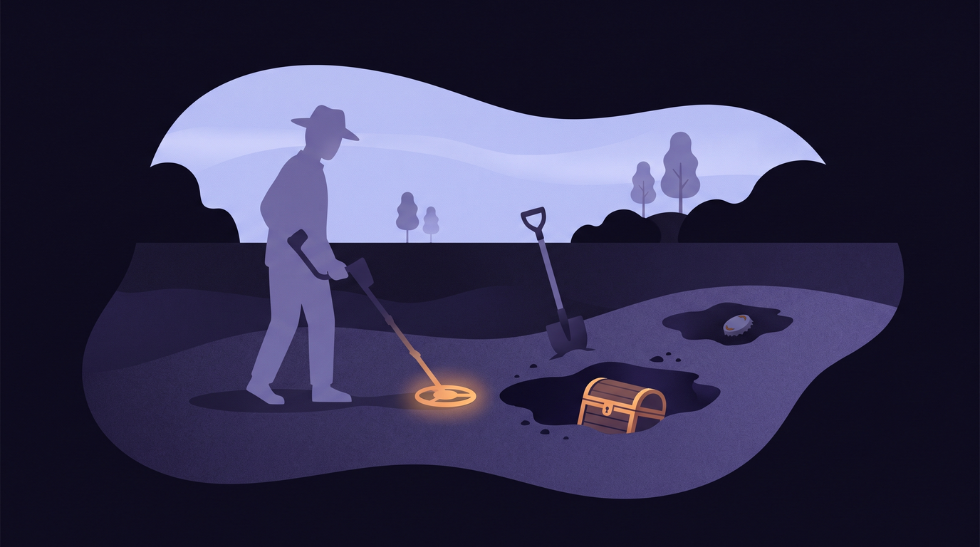 At night on a beach, a person sweeps a metal detector whose coil glows where it has signalled. Two freshly dug holes sit ahead: one holds a small chest catching warm light, the other a rusted bottle cap.