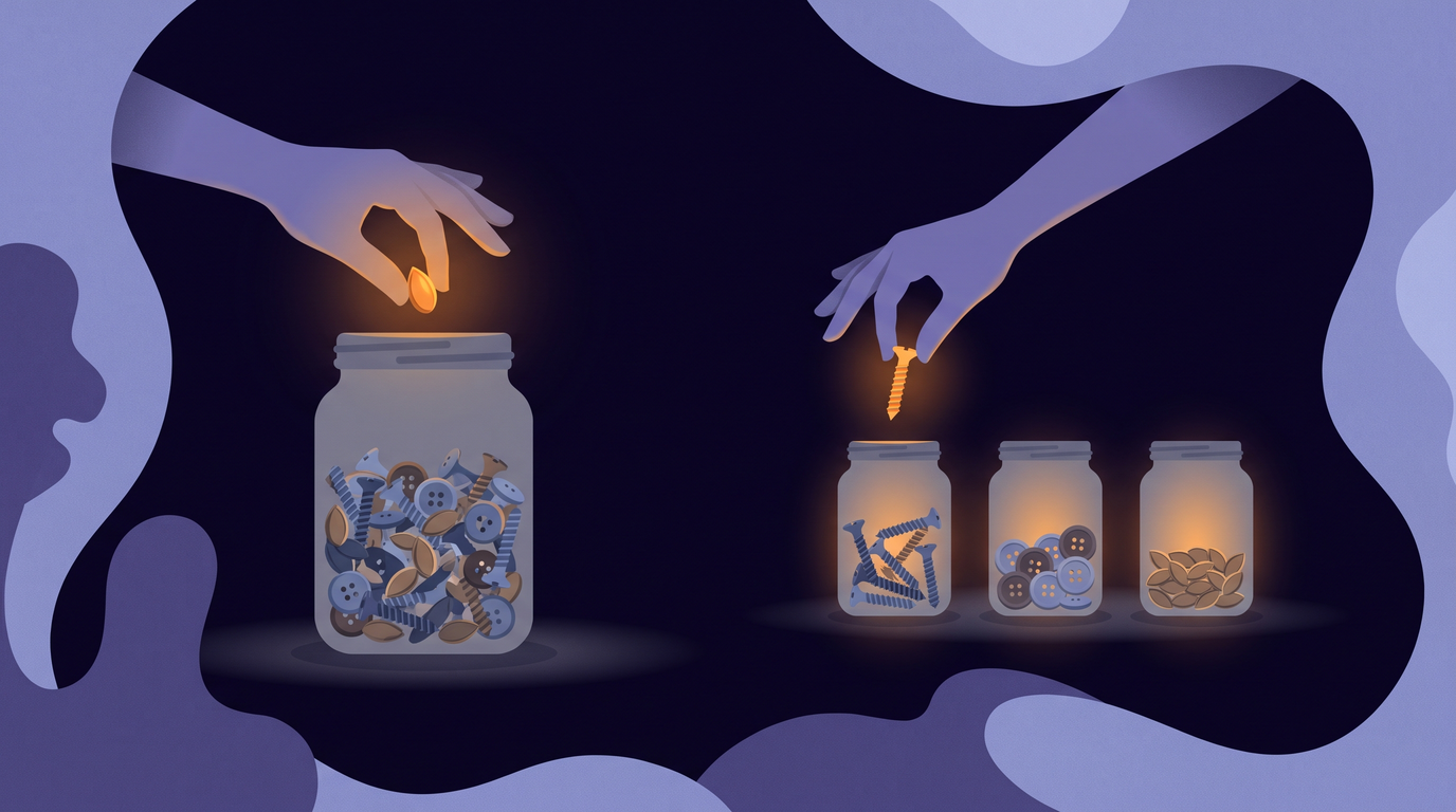 On the left, a hand reaches into one jar holding screws, buttons and seeds mixed together and comes out with a seed. On the right, three jars each hold a single kind, and a hand lifts out a screw.