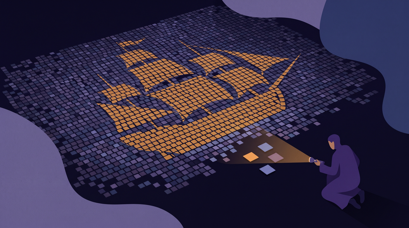 A huge dark mosaic floor whose tiles together form the outline of a sailing ship. Near the edge, a kneeling person shines a flashlight on three tiles, and up close each one is a plain square of a single color with no ship in it.