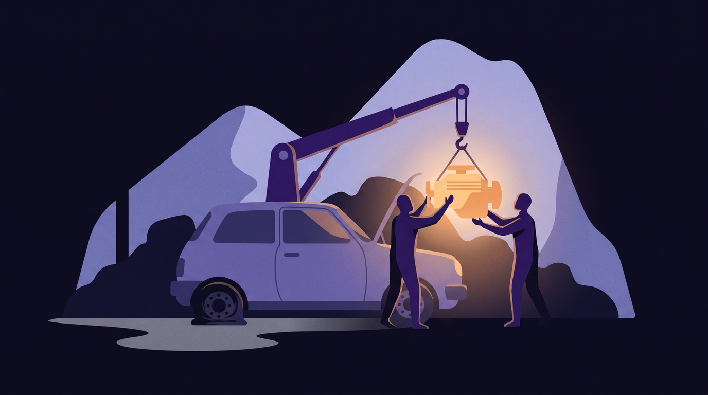 A crane lowers a shiny new engine into the open hood of a small car while two mechanics guide it down. Nobody looks at the car's front tire, which is completely flat and sagging onto its rim.