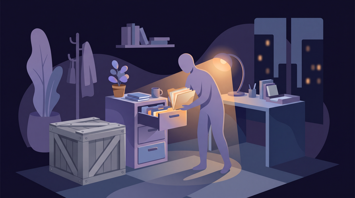 In a small, tidy office, a person pulls one folder from a short three-drawer cabinet and reads it under a warm desk lamp. Beside the cabinet, a large crate of unopened machinery sits ignored in the shadows.