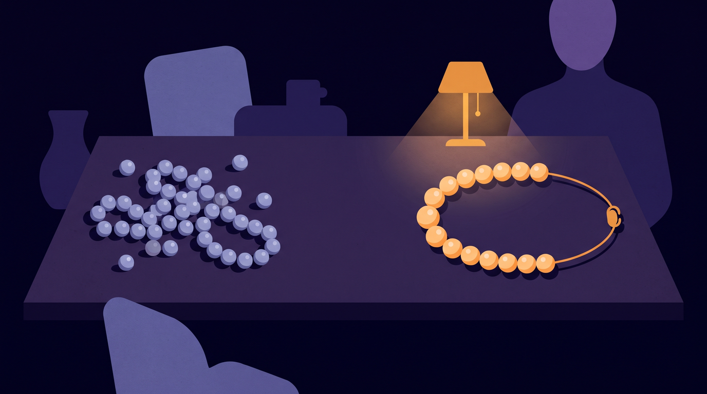 Two groups of the same pearls on a dark table. On the left they lie in a loose, scattered heap. On the right they are threaded in order on a single amber silk thread, laid in a clean arc with the clasp closed.
