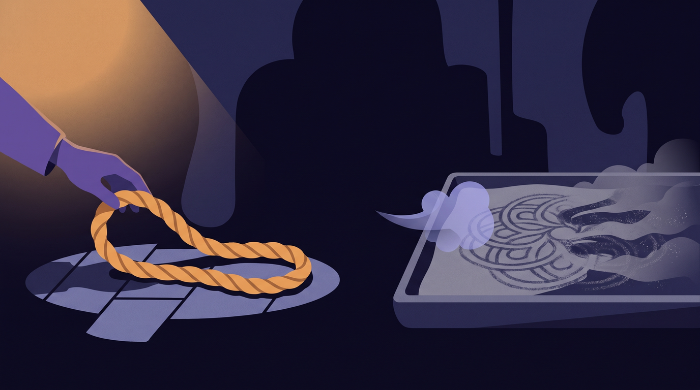 On the left, a hand nudges a heavy loop of rope on the floor and it bends slightly while staying one closed ring. On the right, a puff of air blows across a pattern drawn in loose sand and scatters half of it.