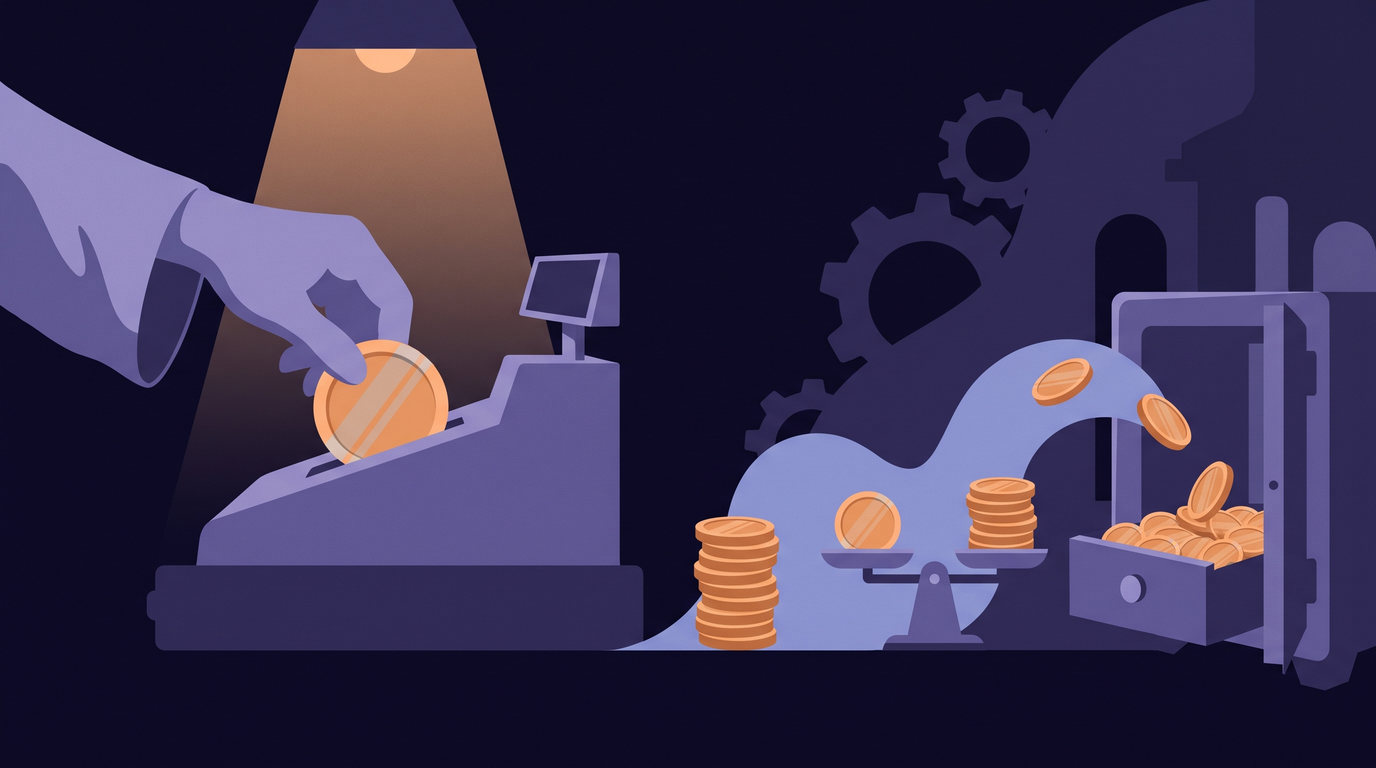 A hand pushes a coin with a faint grey seam into a register slot. To the right, the same coin moves on, stacked among genuine coins, weighed on a counter and filed into a vault drawer, where it looks like all the others.