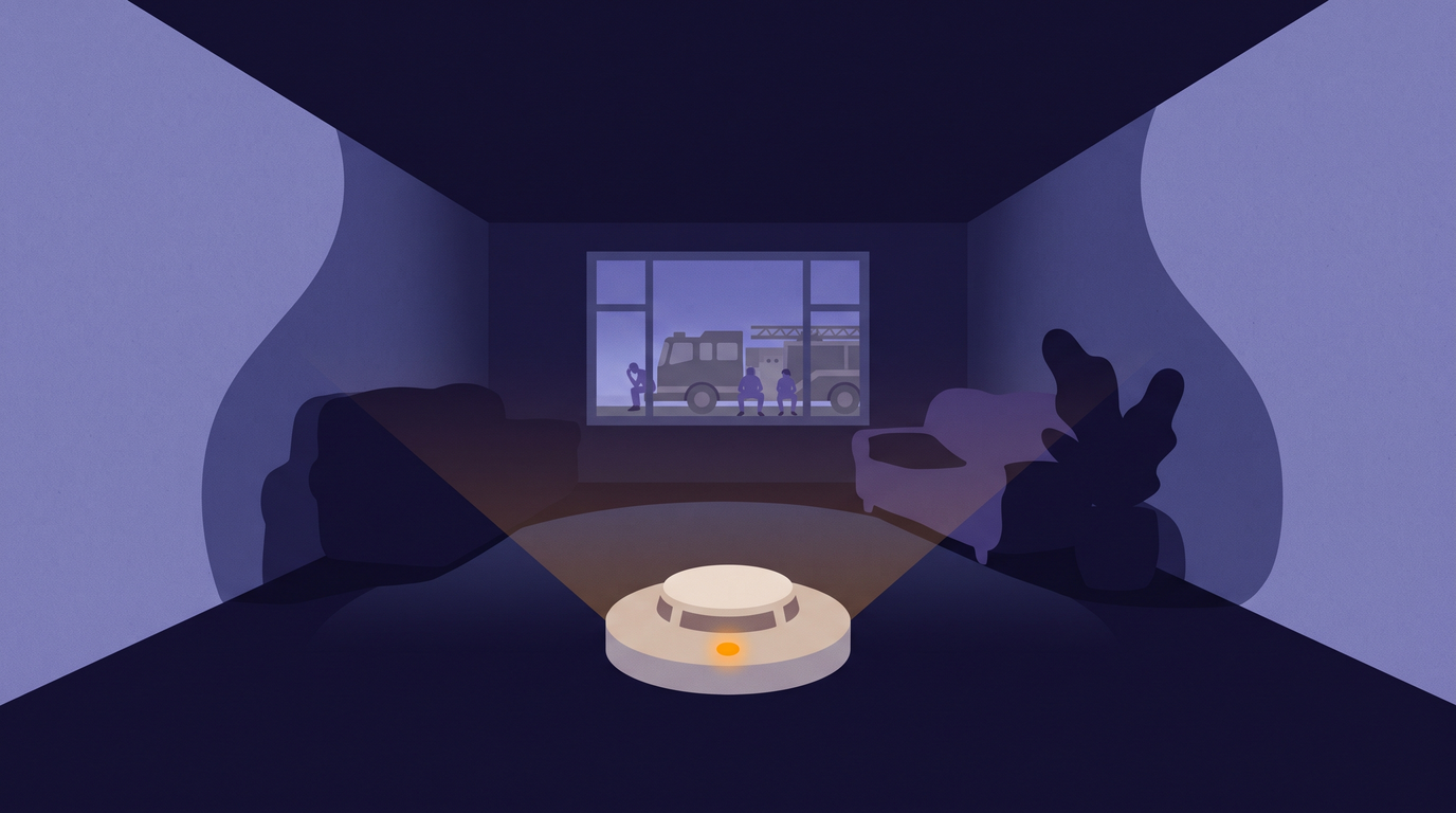 A small round smoke alarm sits on the ceiling of a calm room, its light glowing steadily. Through the window, a fire engine waits at the curb with its crew sitting idle on the bumper.