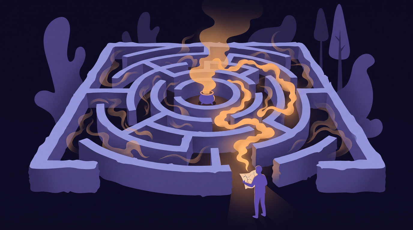 A hedge maze seen from above. Amber smoke released at its center drifts back through every connected corridor, thickest along one route to the entrance, where a person lowers a hand-drawn map and follows the glow.