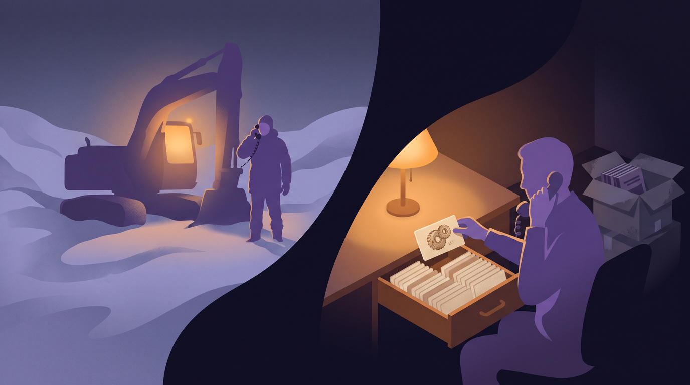 An operator stands beside an excavator stalled in snow, phone to ear. In a warm office, another person on the phone pulls one card from a drawer of neatly cut cards, each with a small sketch of a part. A dusty box of whole brochures sits unopened in a corner.