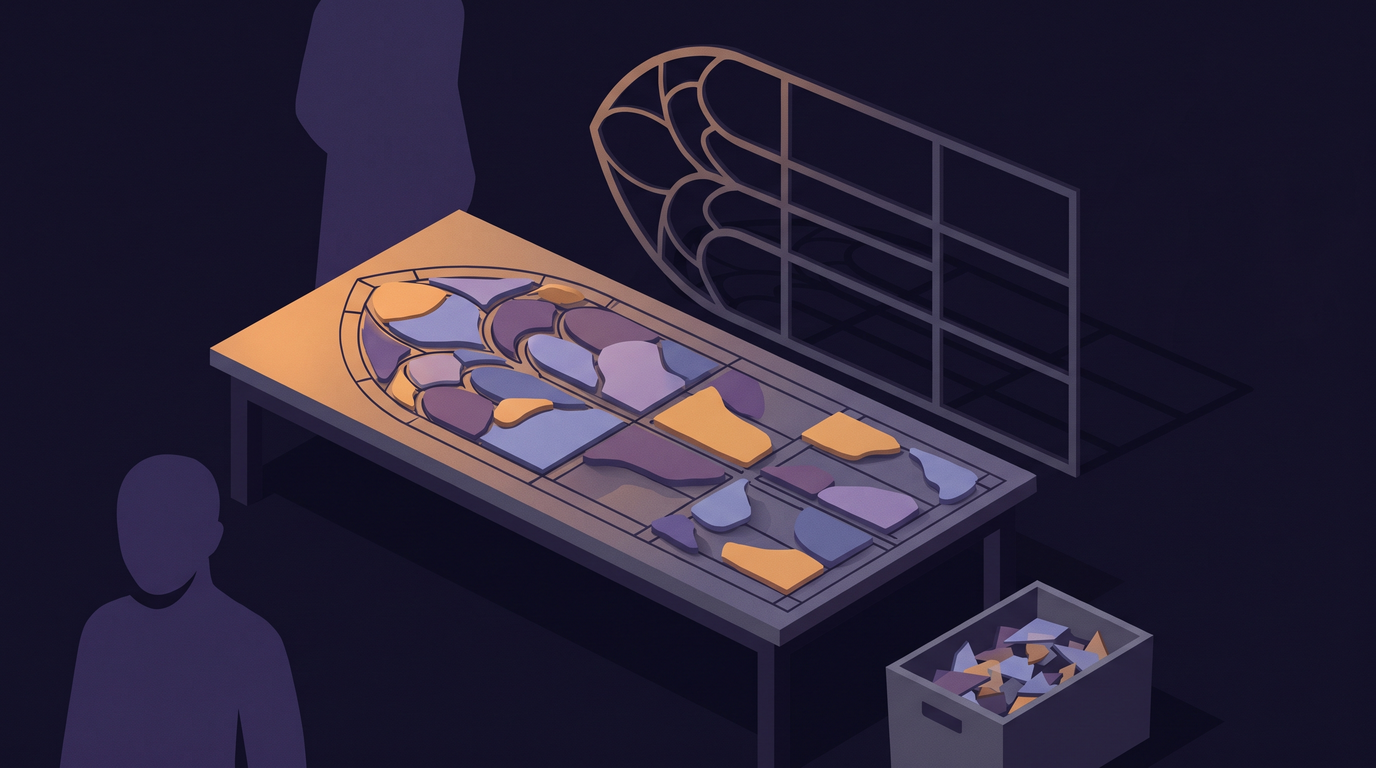 The colored panes of a stained-glass window lie flat on a worktable, each resting in its own outline on a full-size template, with the empty frame standing behind. In a corner, a grey bin holds loose shards jumbled together.