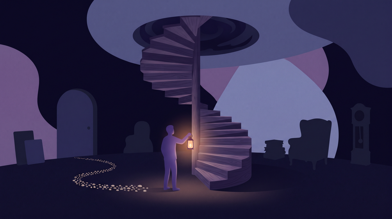 A finely made spiral staircase climbs to a ceiling hatch that opens onto nothing. A person at its foot holds a lantern up toward the empty hatch, and a thin trail of pebbles on the floor leads back to the door.