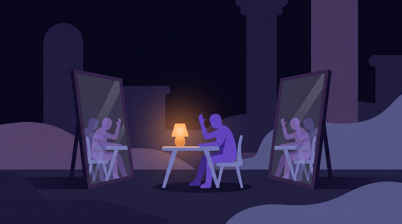 A person sits at a small table between two angled mirrors and raises a hand. Three reflections of the same person raise the same hand in perfect agreement. No one else is in the room.