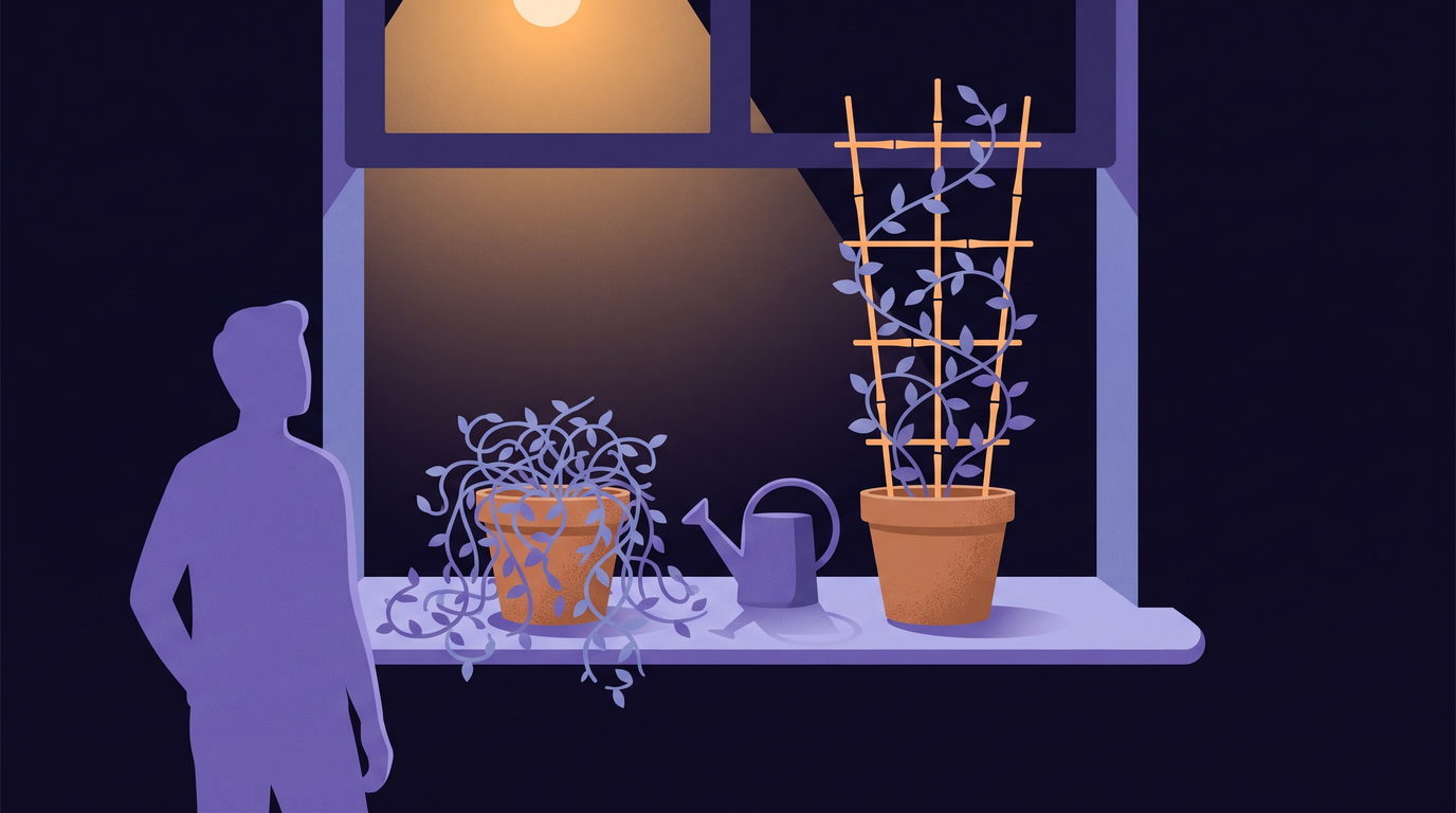 Two identical clay pots share one windowsill, one light and one watering can. In the left pot a vine sprawls flat over the rim. In the right pot the same vine has climbed a simple bamboo trellis toward the light.